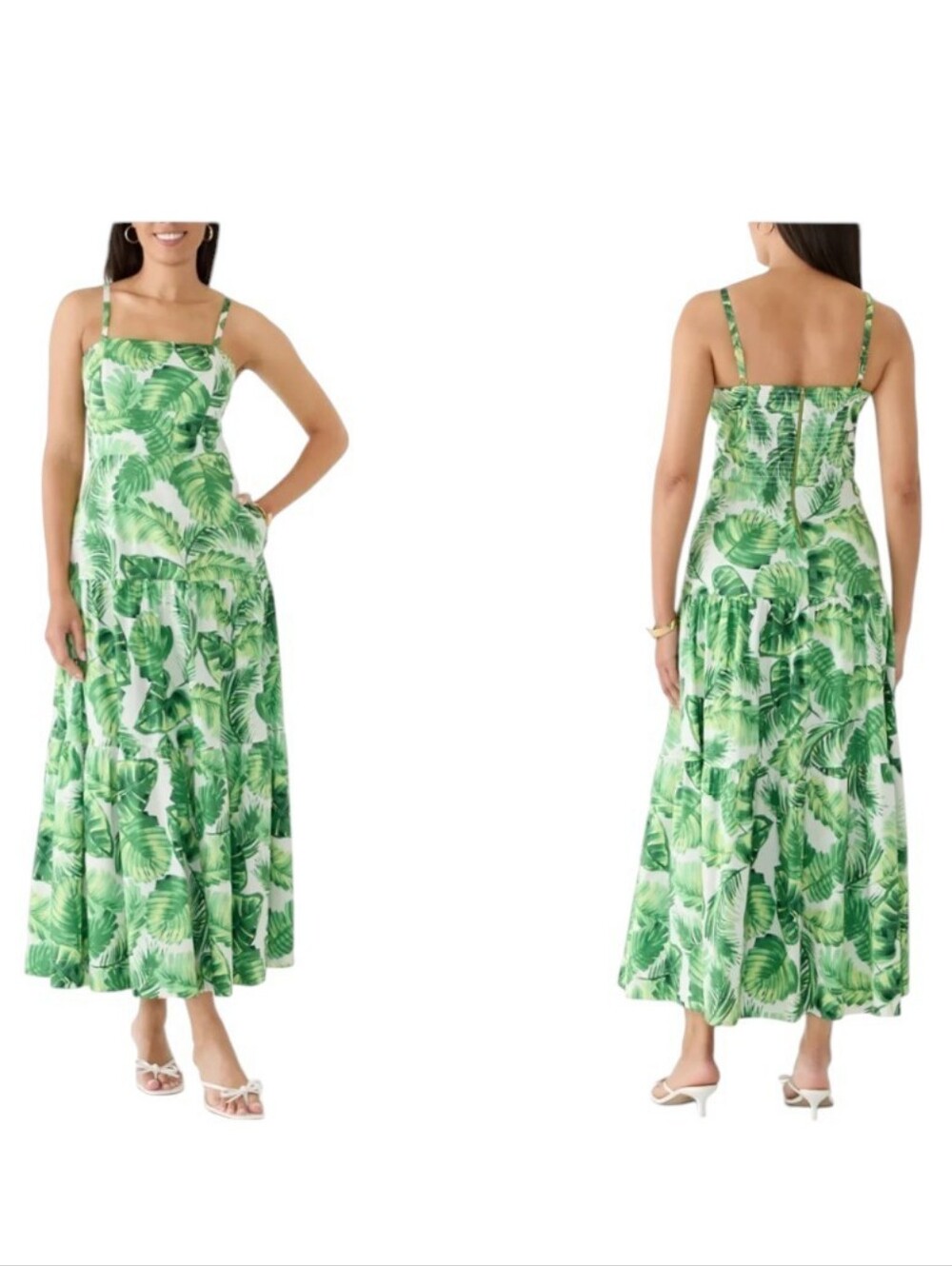 Taylor Sleeveless Tropical Leaf Midi Dress Bahama Green Cotton Smocked 4